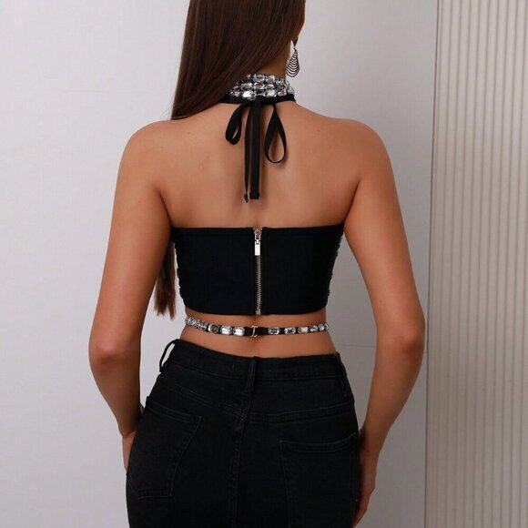 Black Party Women's Rhinestone Halter Neck Sexy & Versatile Camisole Top - Picture 2 of 9